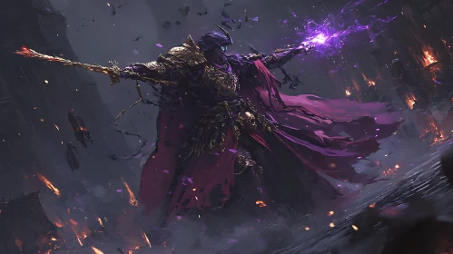 Armored Figure Unleashing Purple Energy