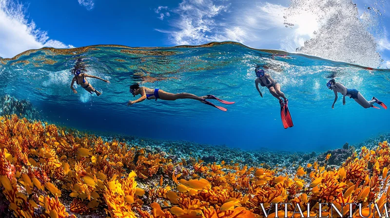 Underwater Swimmers and Coral Reef AI Image