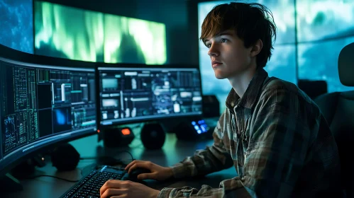 Man Coding in Dark Room