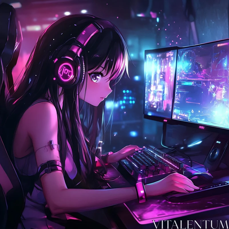 Cyberpunk Anime Girl Gaming Scene AI Image