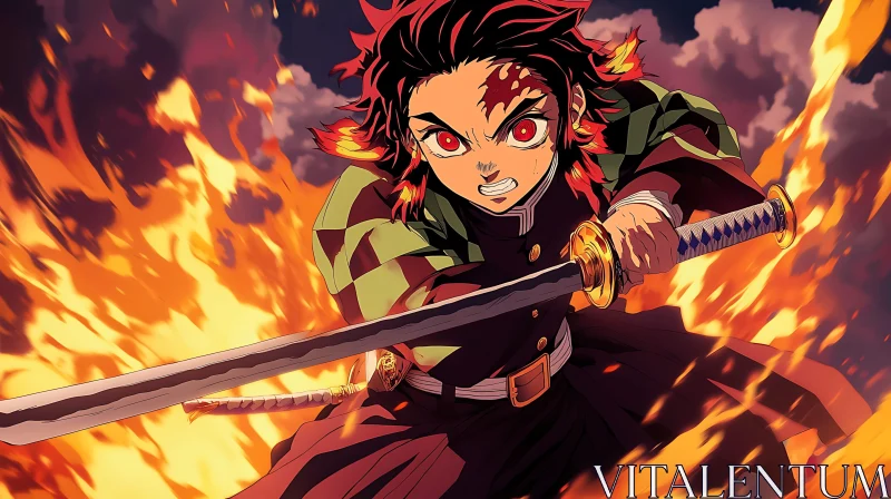 Fierce Anime Warrior in Fiery Battle AI Image