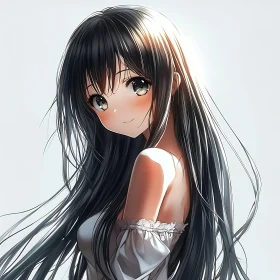 Softly Smiling Anime Girl in Lace-Trimmed Dress