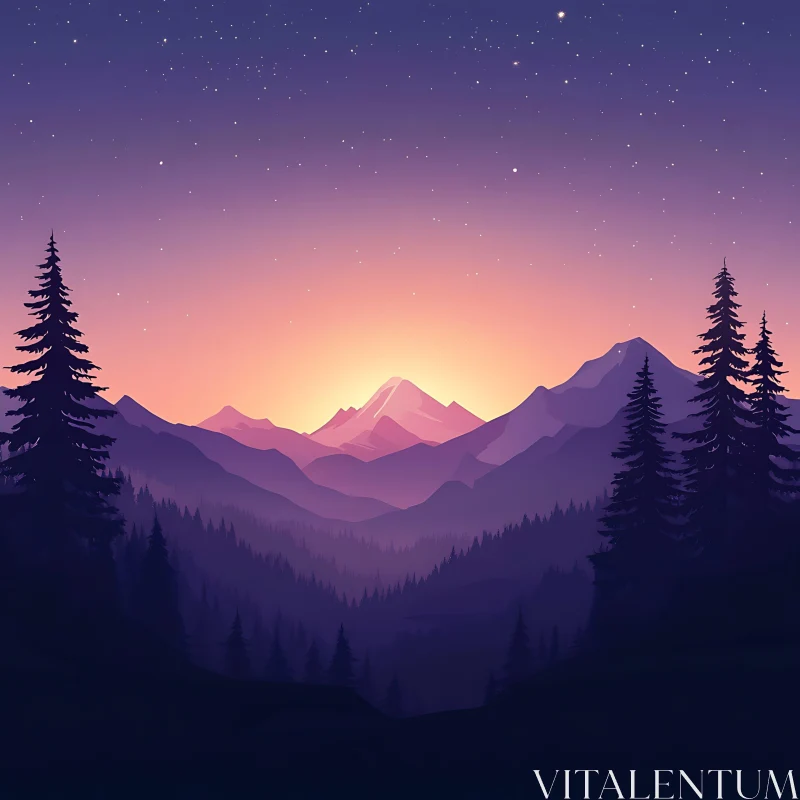 Tranquil Mountain View at Sunset with Starry Sky AI Image