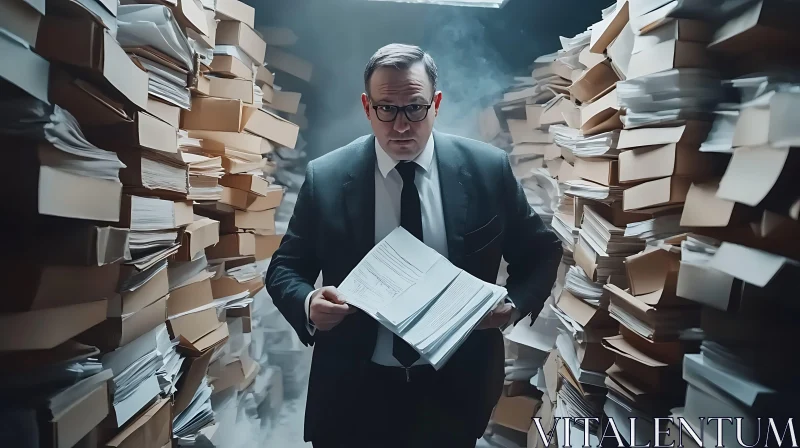 Man Surrounded by Documents: Office Overload AI Image