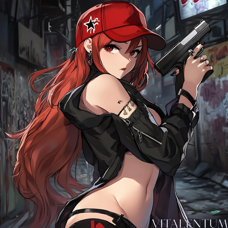 Red-Haired Anime Warrior in Gritty Alley AI Image