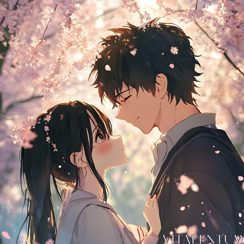 Tender Moment Beneath Cherry Blossoms AI Image