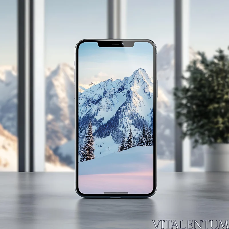 AI ART Snowy Peaks Displayed on Mobile Device