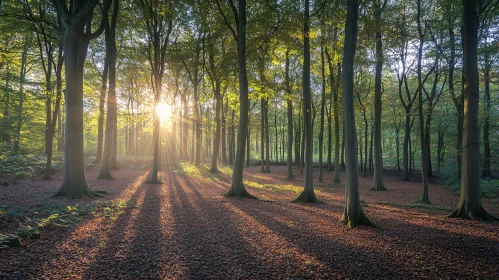 Peaceful Morning Sunlight through Forest Trees