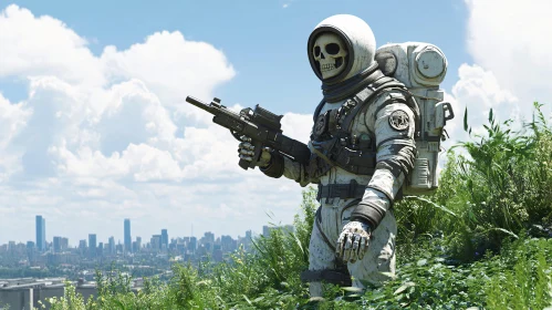 Futuristic Cyborg in Green Landscape Overlooking City