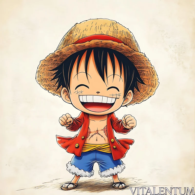 Joyful Anime Character with Straw Hat and Red Shirt AI Image