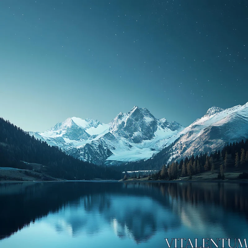 AI ART Snowy Peaks and Lake Reflection