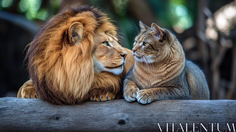 Unlikely Friends: Lion and Cat Portrait AI Image