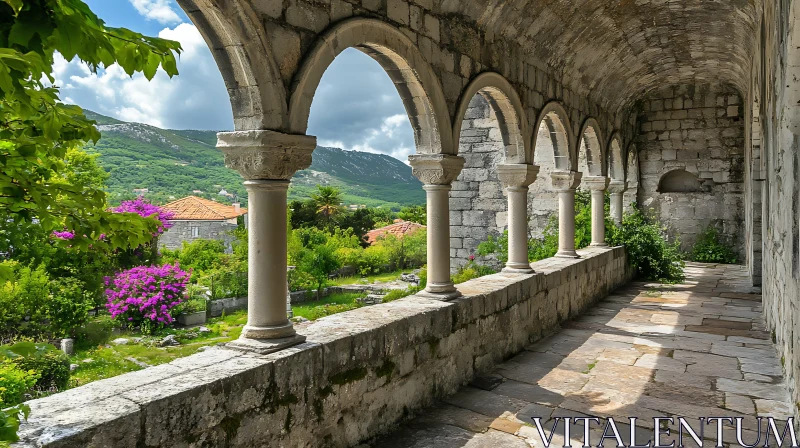 Stone Archway with Columns and Garden View AI Image