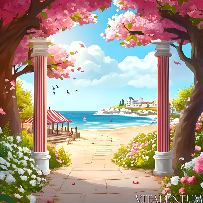 Coastal Scene with Blossoms and Columns AI Image