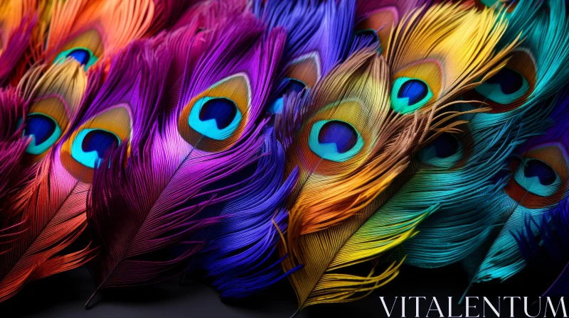 Colorful Peacock Feathers on Black Surface: A Still Life AI Image