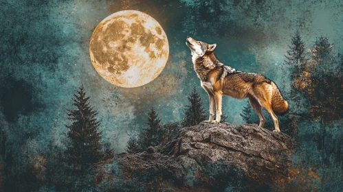 Wolf and Full Moon in Night Forest