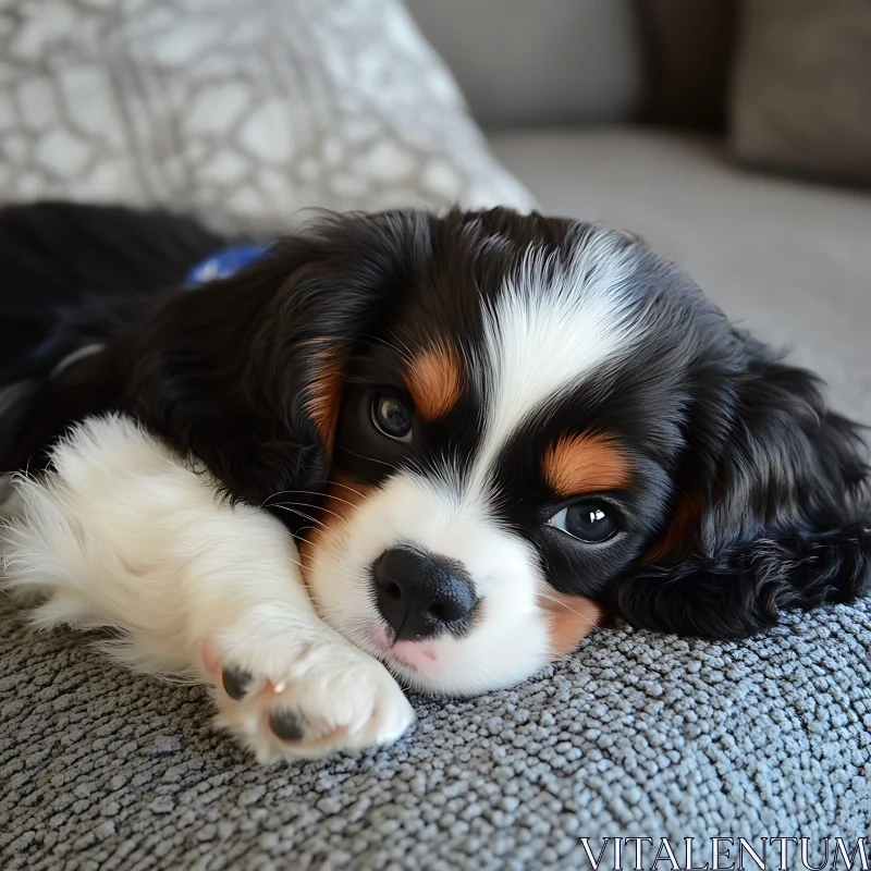 Charming Spaniel Puppy Comfortably Lounging AI Image