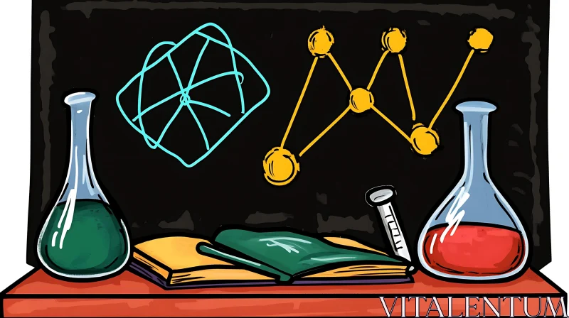 Science Illustration with Flasks and Molecules AI Image