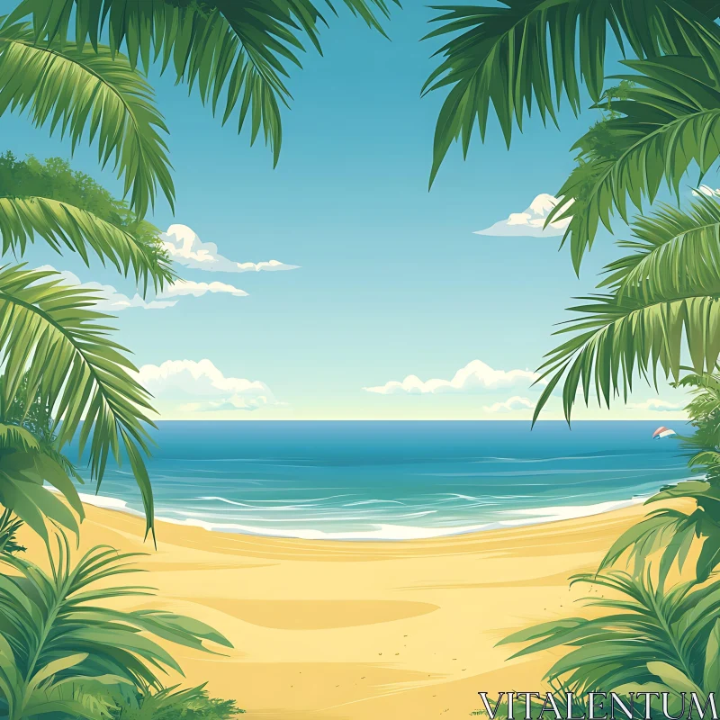 AI ART Seaside Bliss: A Palm-Framed Beach View