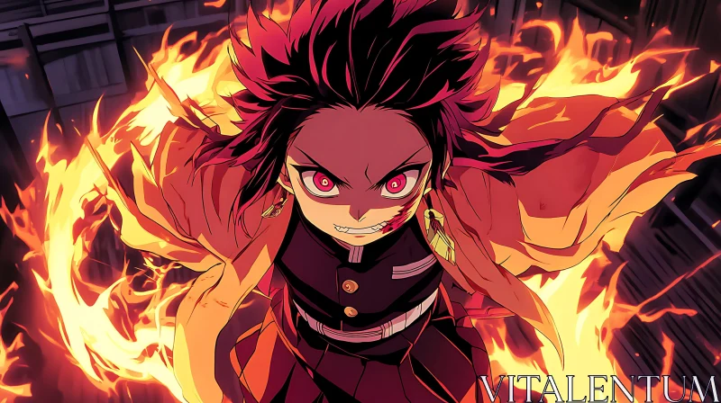 Intense Anime Character with Red Eyes and Fire AI Image