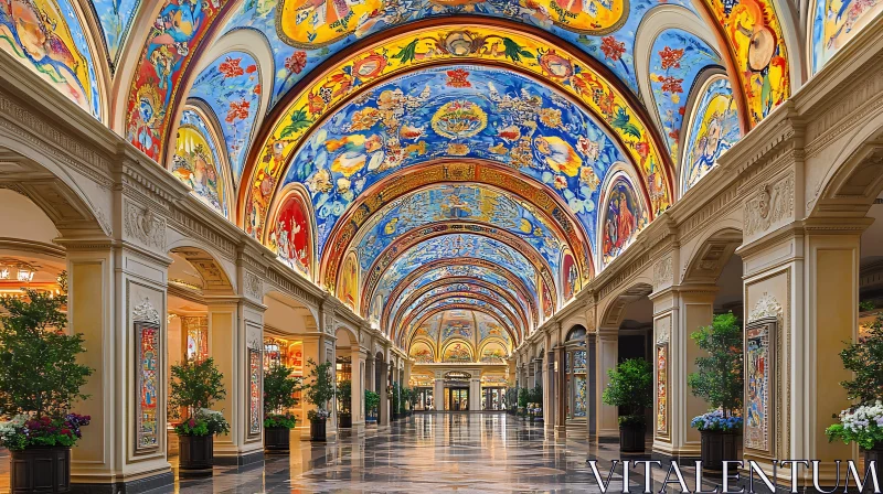 Vibrant Ceiling Art in Ornate Hallway AI Image