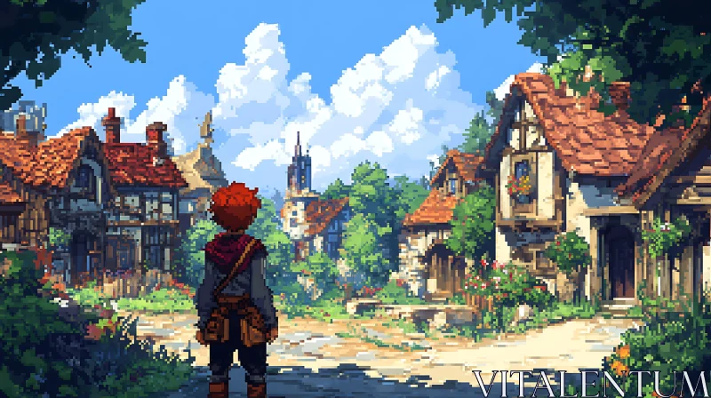 Medieval Pixel Art Village Landscape AI Image