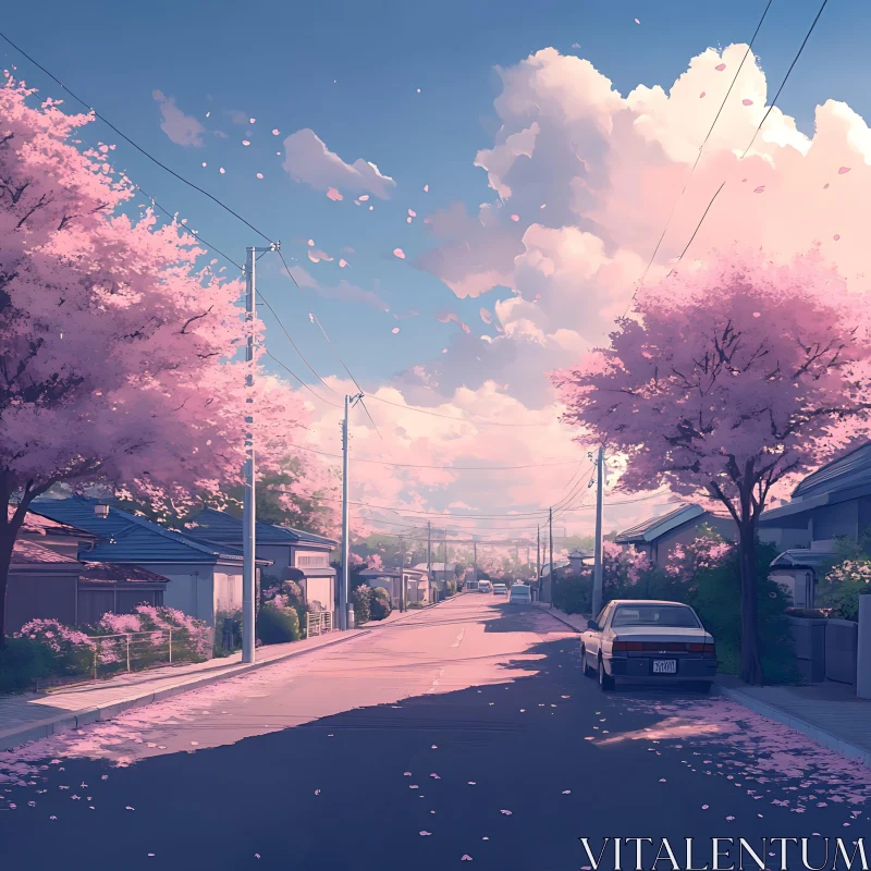 Peaceful Suburban Street with Blooming Cherry Trees AI Image