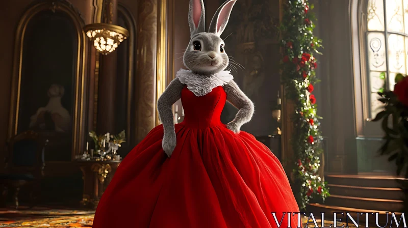 Elegant Rabbit in a Red Gown AI Image