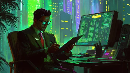 Urban Tech Professional in Neon Workspace