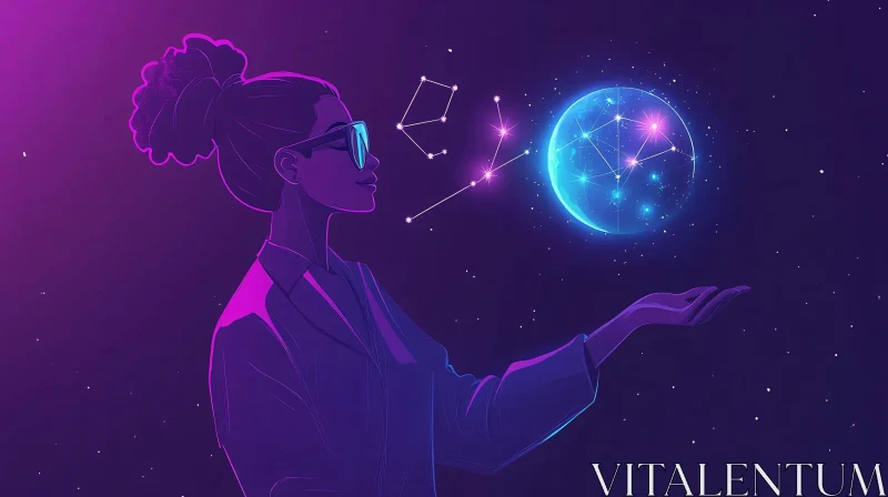 Woman Contemplates Glowing Orb and Stars AI Image