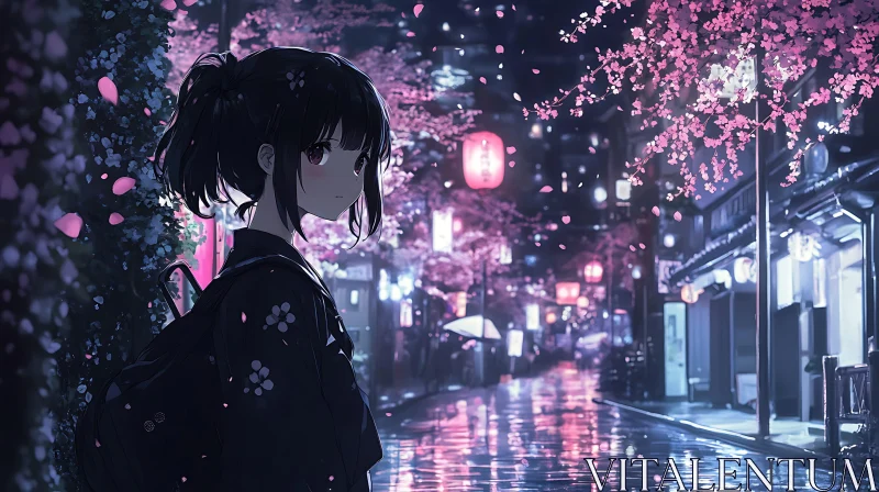 Rainy Night in Anime: Cherry Blossom Street AI Image