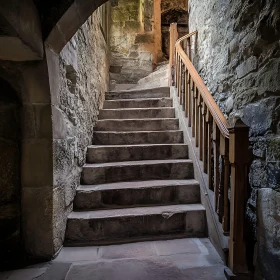 Rustic Stone Steps with Wooden Banister in Old Structure