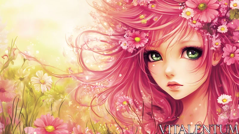 AI ART Floral Anime Beauty with Pink Hair