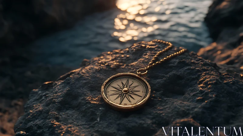 Compass on Rock by the Sea AI Image