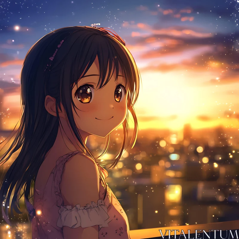 Girl with a Sunset Cityscape in an Anime Art Style AI Image