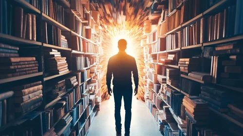 Figure Standing Among Bookshelves