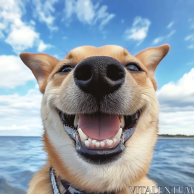 Happy Dog Close-Up with Blue Sky and Ocean AI Image