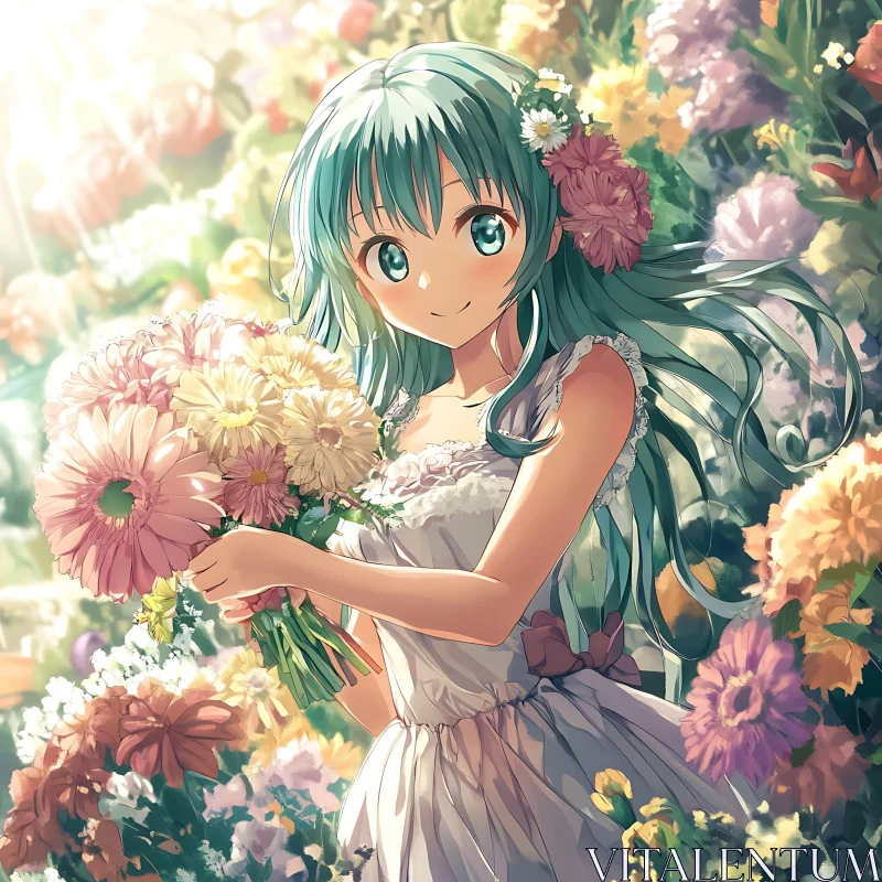 Anime Girl in a Sunlit Garden AI Image