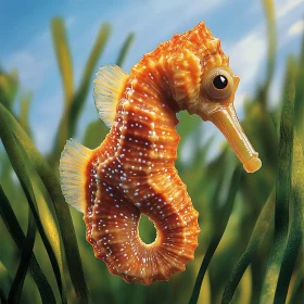 Orange Sea Horse Among Green Seaweed