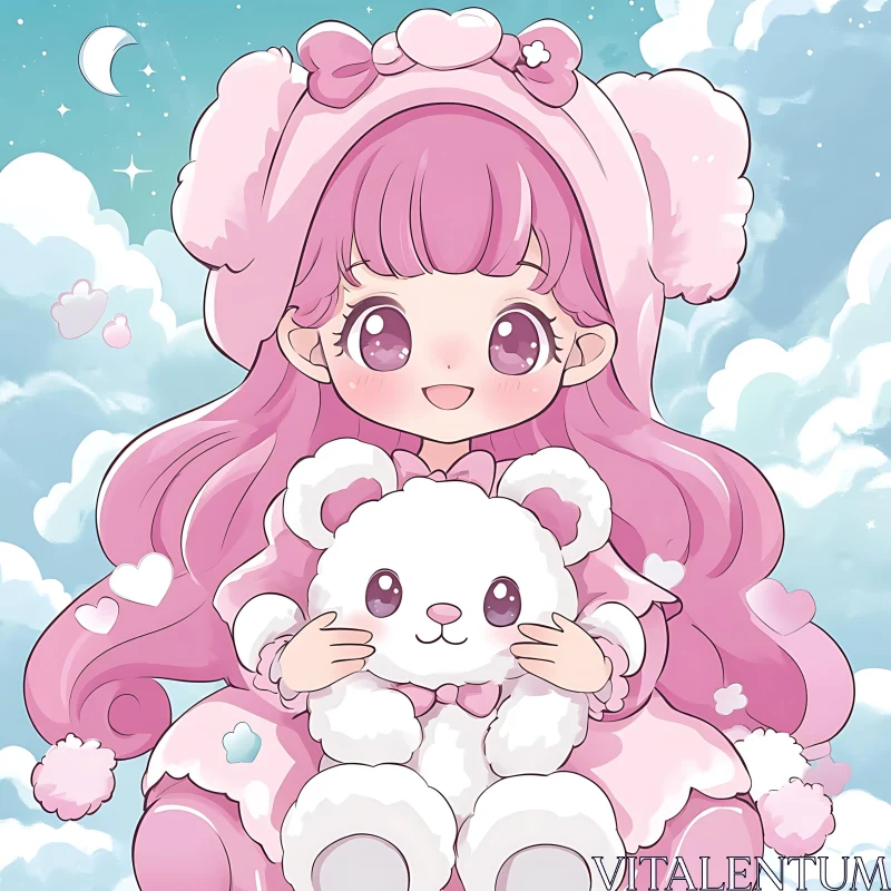 Adorable Anime Character with Plush Teddy AI Image