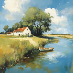 Tranquil Riverside Farmhouse Scene