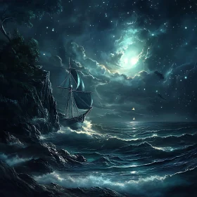 Moonlit Voyage of a Ship at Sea