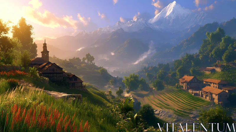 Idyllic Village Scene in Mountain Valley AI Image