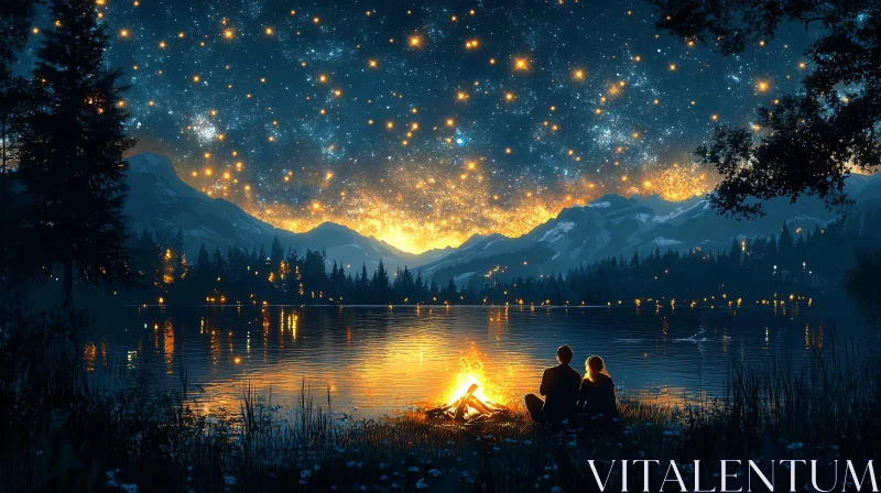 AI ART Nighttime Serenity: Couple by the Campfire