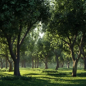 Tranquil Forest with Sunlight and Lush Trees