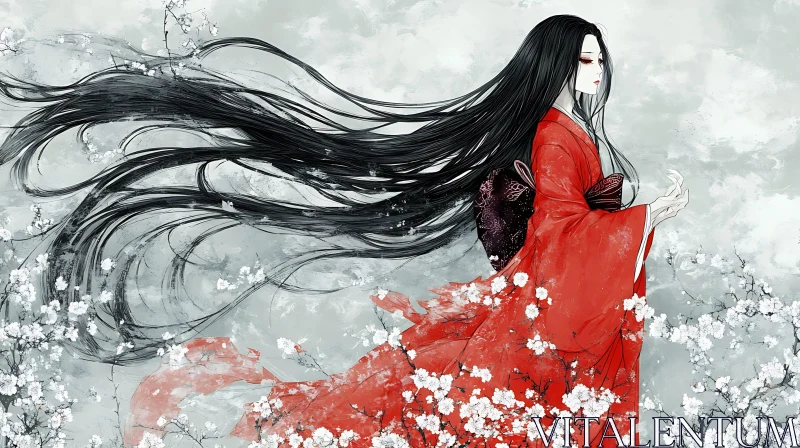 Elegant Anime Woman in Blossom-filled Scene AI Image