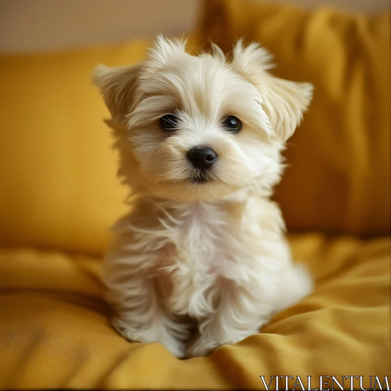 AI ART Cute White Puppy Sitting on Yellow Cushion