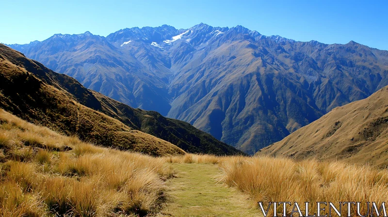 AI ART Scenic Mountain View with Golden Grass