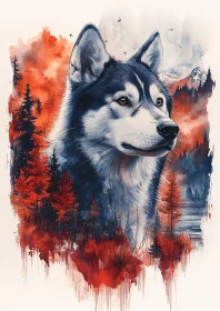 Husky Dog Portrait with Forest