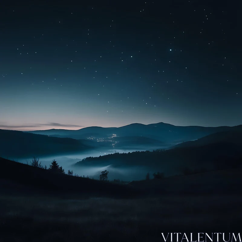 Nightscape of Mountain Range with Fog AI Image